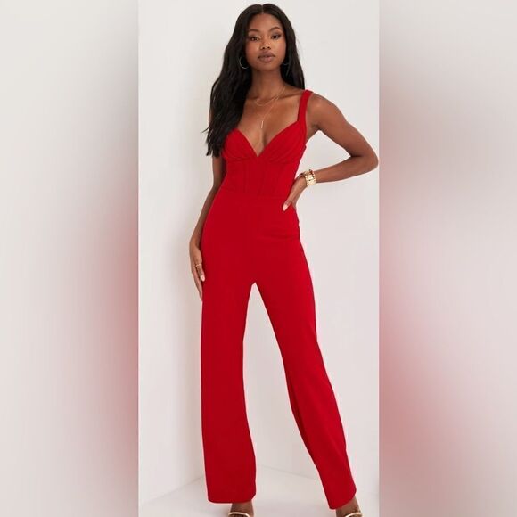 Lulus Modern Diva Red Pleated Sleeveless Bustier Jumpsuit Size M - Picture 1 of 11